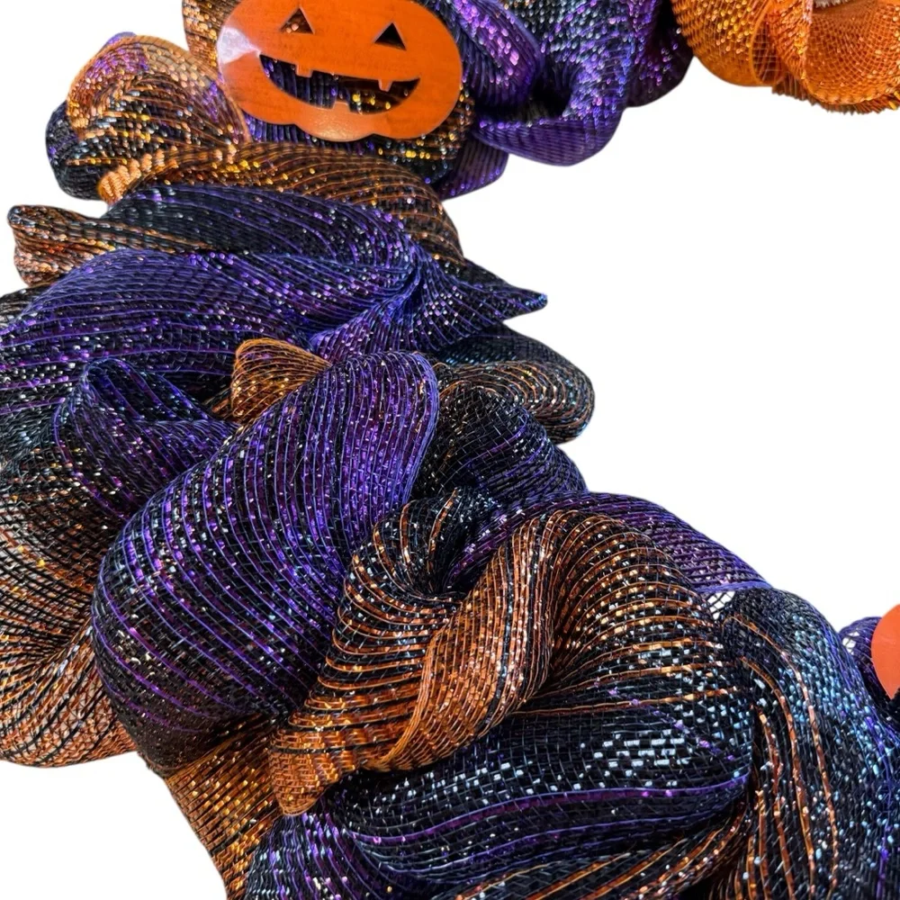 Vibrant Purple & Orange Halloween Deco Mesh Wreath with Ghost & Pumpkins – 25″